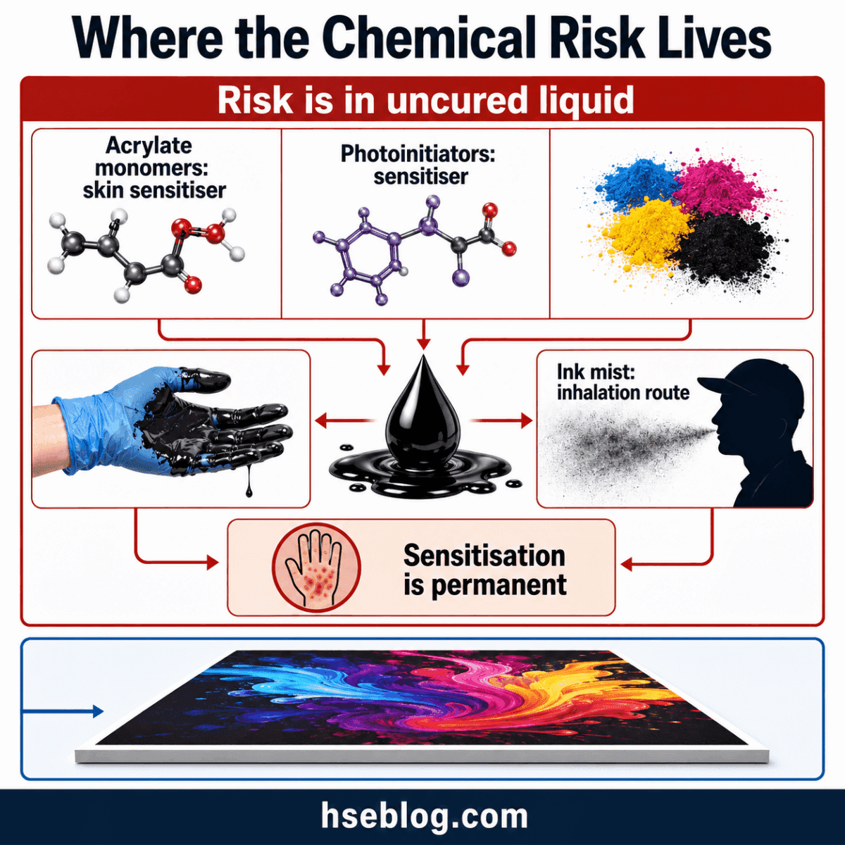 Infographic showing chemical risk pathways from uncured liquid inks through skin contact and inhalation to permanent sensitization, with molecules, protective gloves, ink drop, and colorful powder pigments illustrated.