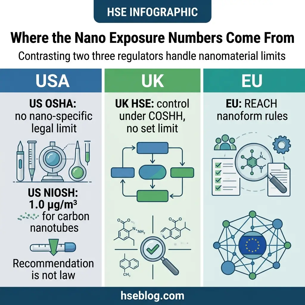 Infographic comparing nanoparticle exposure limits across USA, UK, and EU regulatory agencies, showing OSHA has no limit, UK HSE provides guidance under COSHH, and EU enforces REACH nanoform rules.