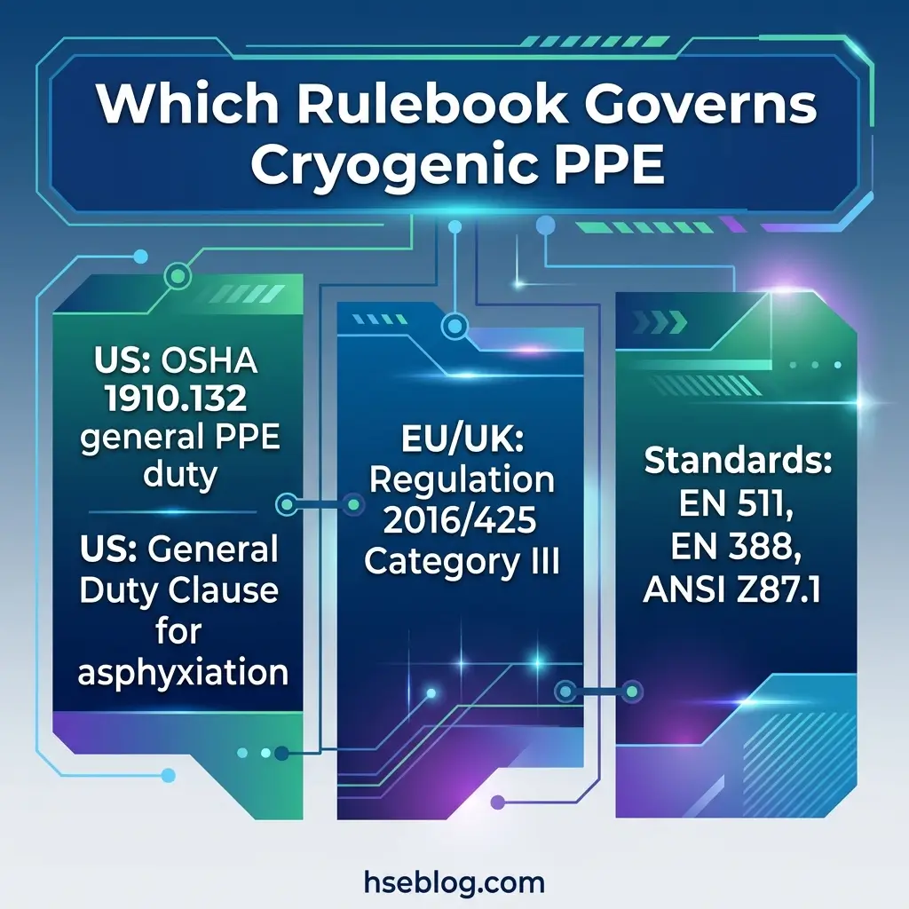 Infographic showing rulebooks governing cryogenic PPE, comparing US OSHA standards, EU/UK regulations, and international standards with connecting circuit-board design elements.