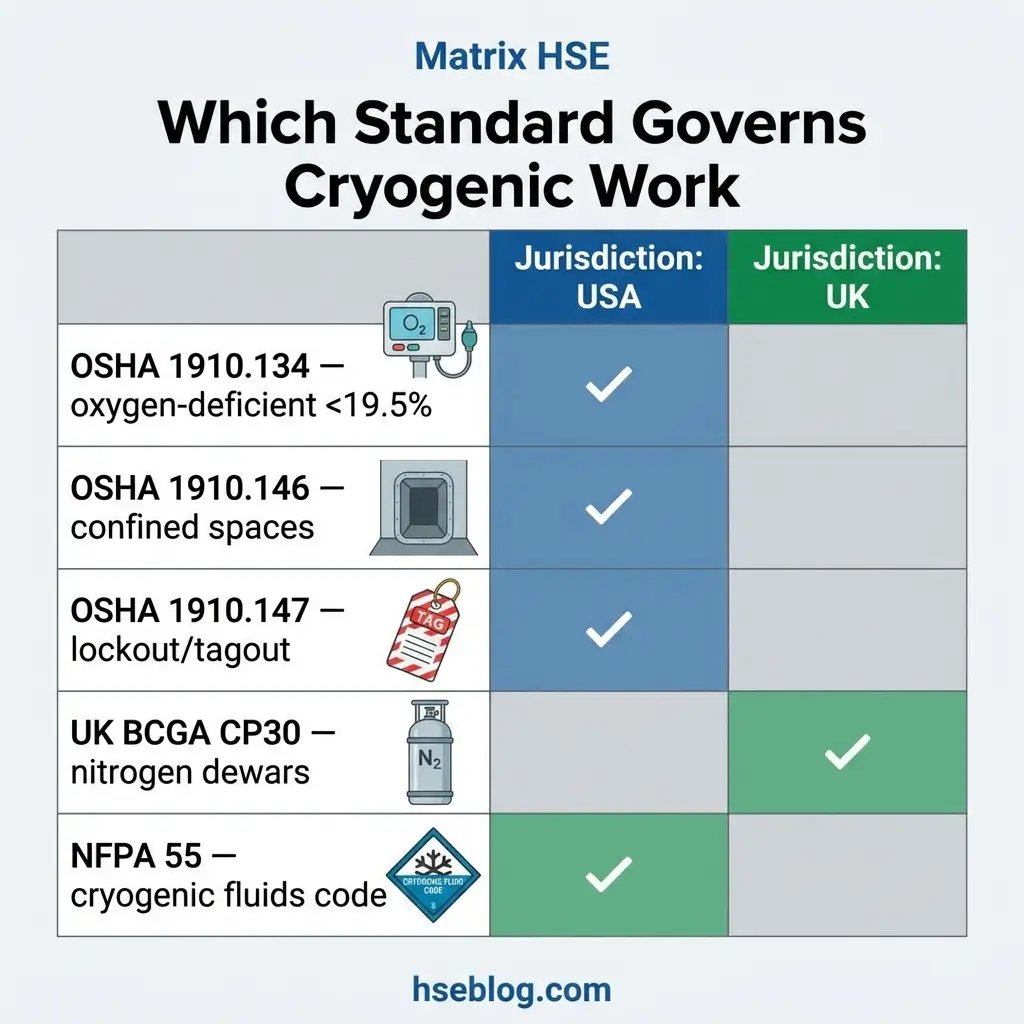 Comparison table showing which safety standards govern cryogenic work in the USA and UK, including OSHA regulations, UK BCGA guidelines, and NFPA codes with checkmarks indicating applicable jurisdictions.