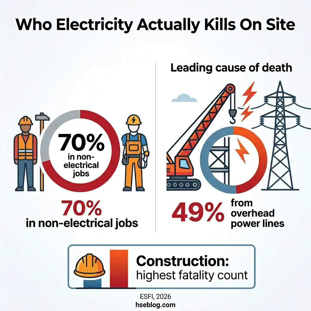 Infographic showing that 70% of electrical deaths occur in non-electrical jobs, with 49% from overhead power lines, and construction having the highest fatality count.