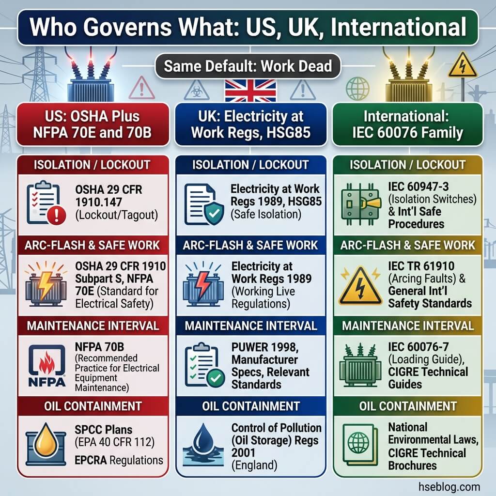 Comparison chart showing electrical safety regulations and standards for work dead defaults across US OSHA, UK Electricity at Work Regs, and International IEC standards, covering isolation/lockout, arc-flash safety, maintenance intervals, and oil containment requirements.