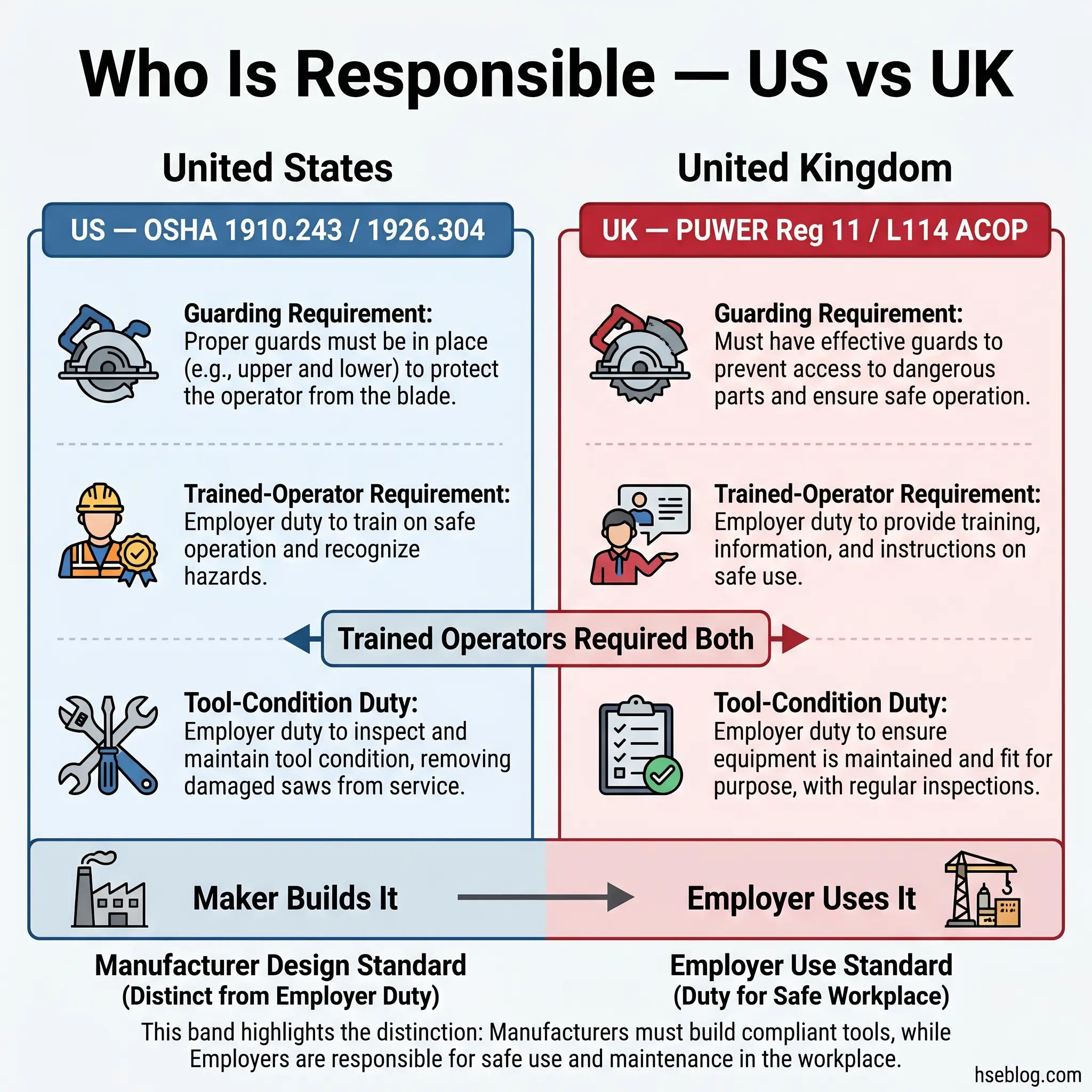 Comparison chart showing US OSHA versus UK POWER regulations for circular saw safety responsibilities, detailing guarding, operator training, and tool maintenance duties between manufacturers and employers.