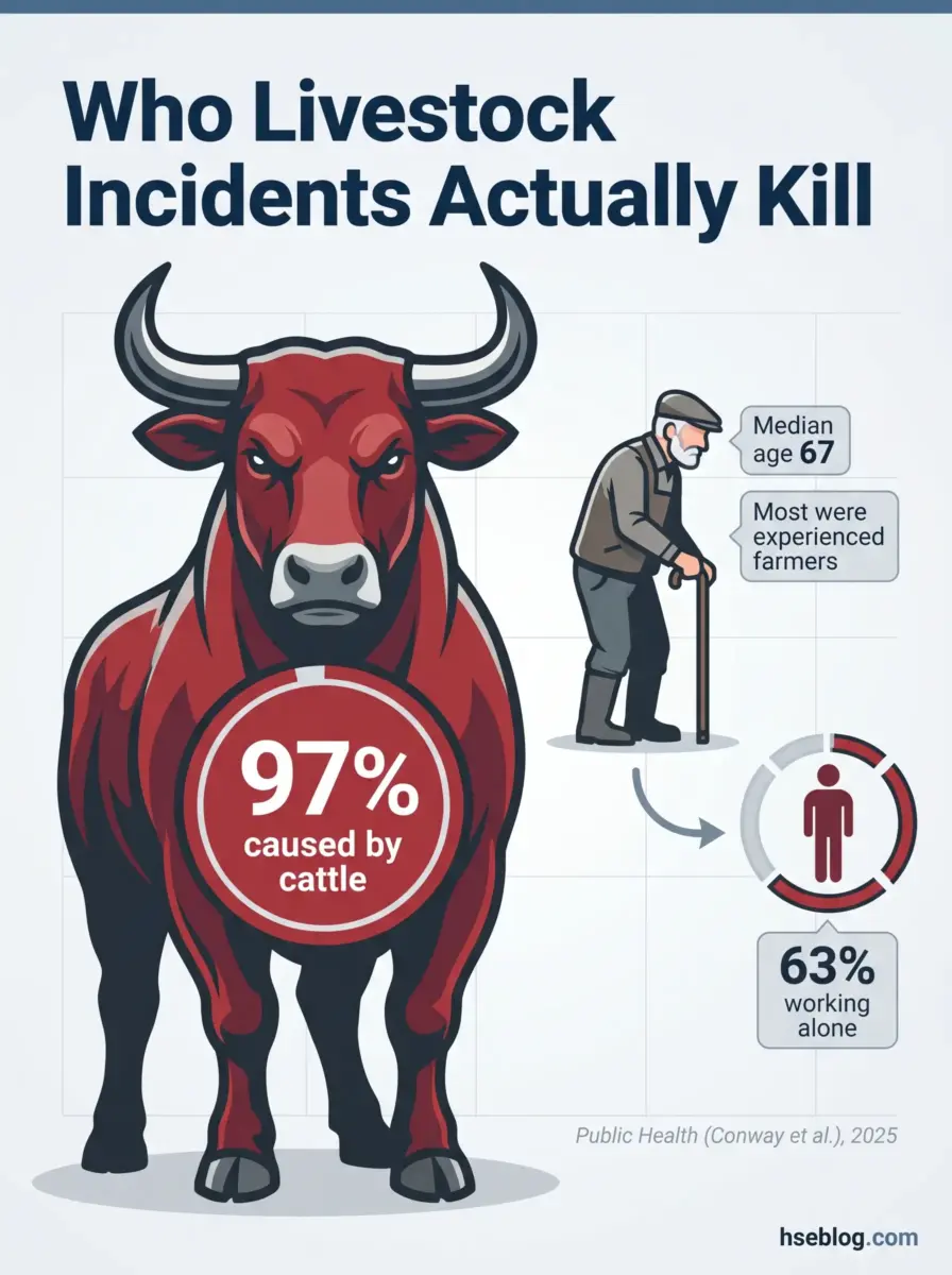Infographic showing that 97% of livestock incidents causing deaths involve cattle, with victims typically being experienced farmers with median age 67, often working alone.