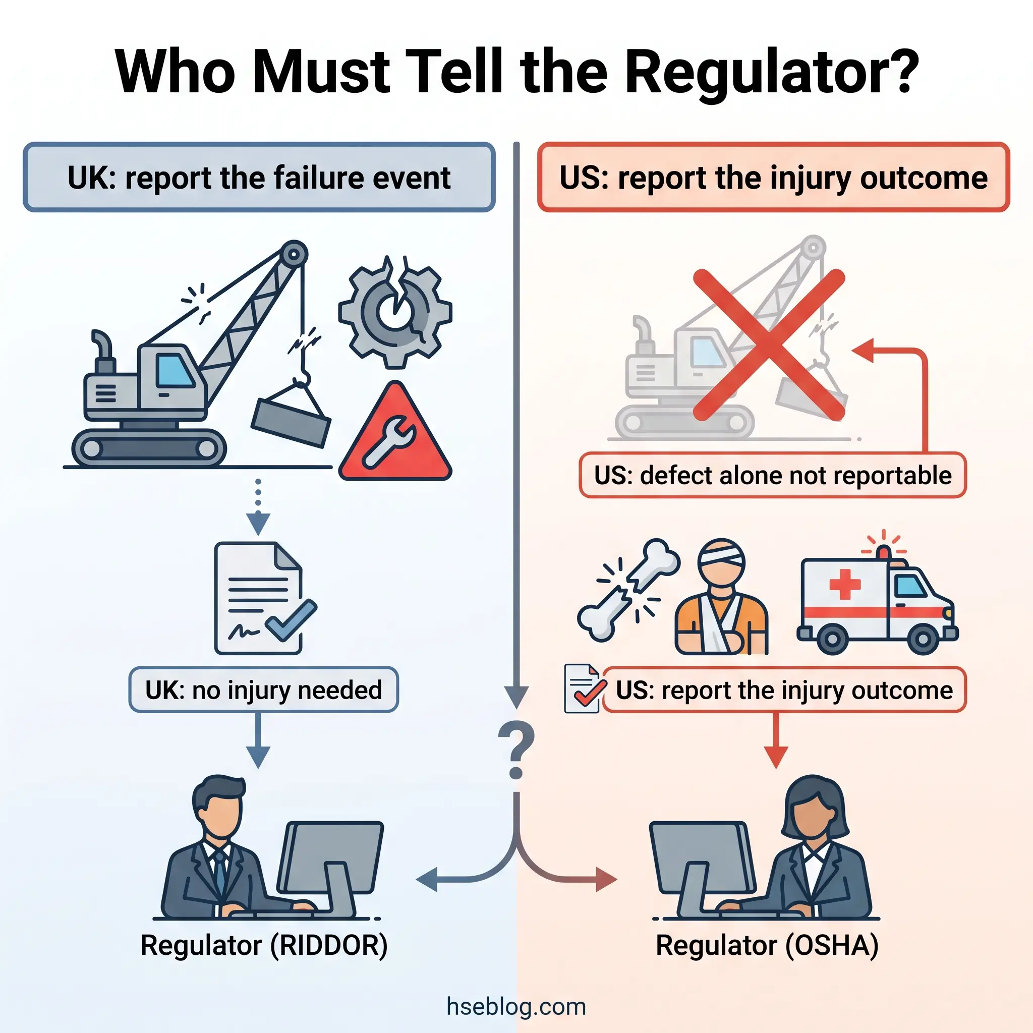 Comparison chart showing UK and US workplace safety reporting requirements: UK regulators require reporting failure events regardless of injury, while US regulators only require reporting when injuries occur.