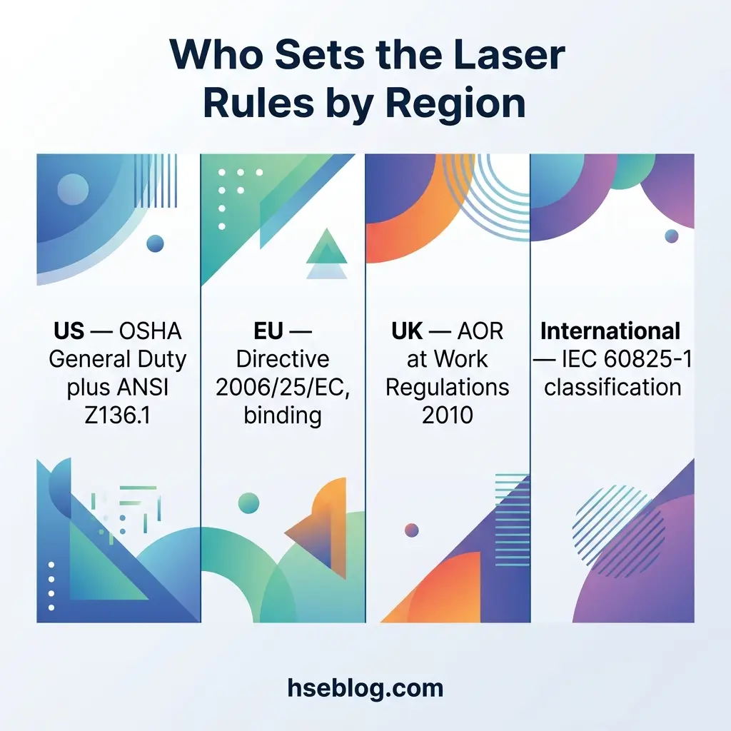 Infographic showing four regional authorities that set laser safety rules: US OSHA and ANSI Z136.1, EU Directive 2006/25/EC, UK AOR at Work Regulations 2010, and International IEC 60825-1 classification.