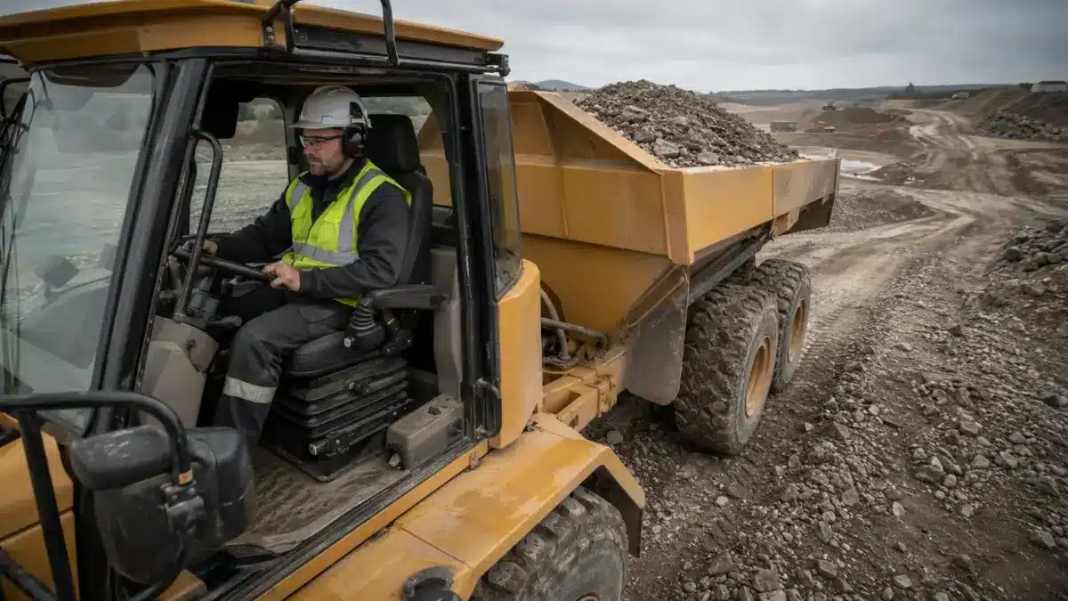 Construction worker in safety gear operating a yellow dump truck loaded with gravel at an active quarry site with equipment and rocky terrain in the background.