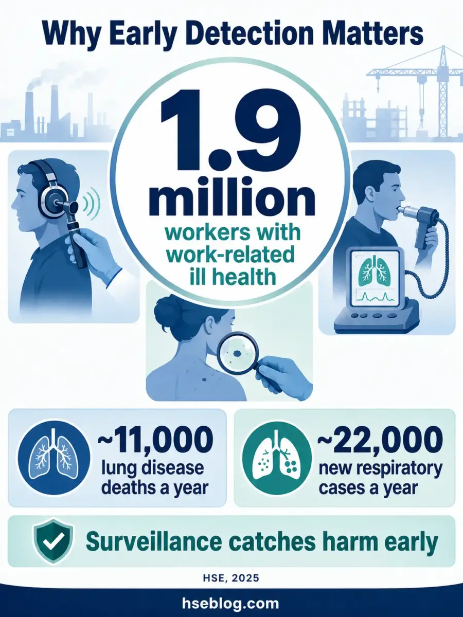 Infographic showing why early detection of work-related illness matters, highlighting 1.9 million affected workers, 11,000 annual lung disease deaths, and 22,000 new respiratory cases yearly, emphasizing surveillance importance.