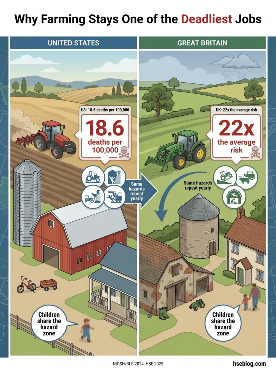 Infographic comparing farming death rates between the United States and Great Britain, showing agricultural hazards including machinery, livestock, and children working in dangerous farm environments.