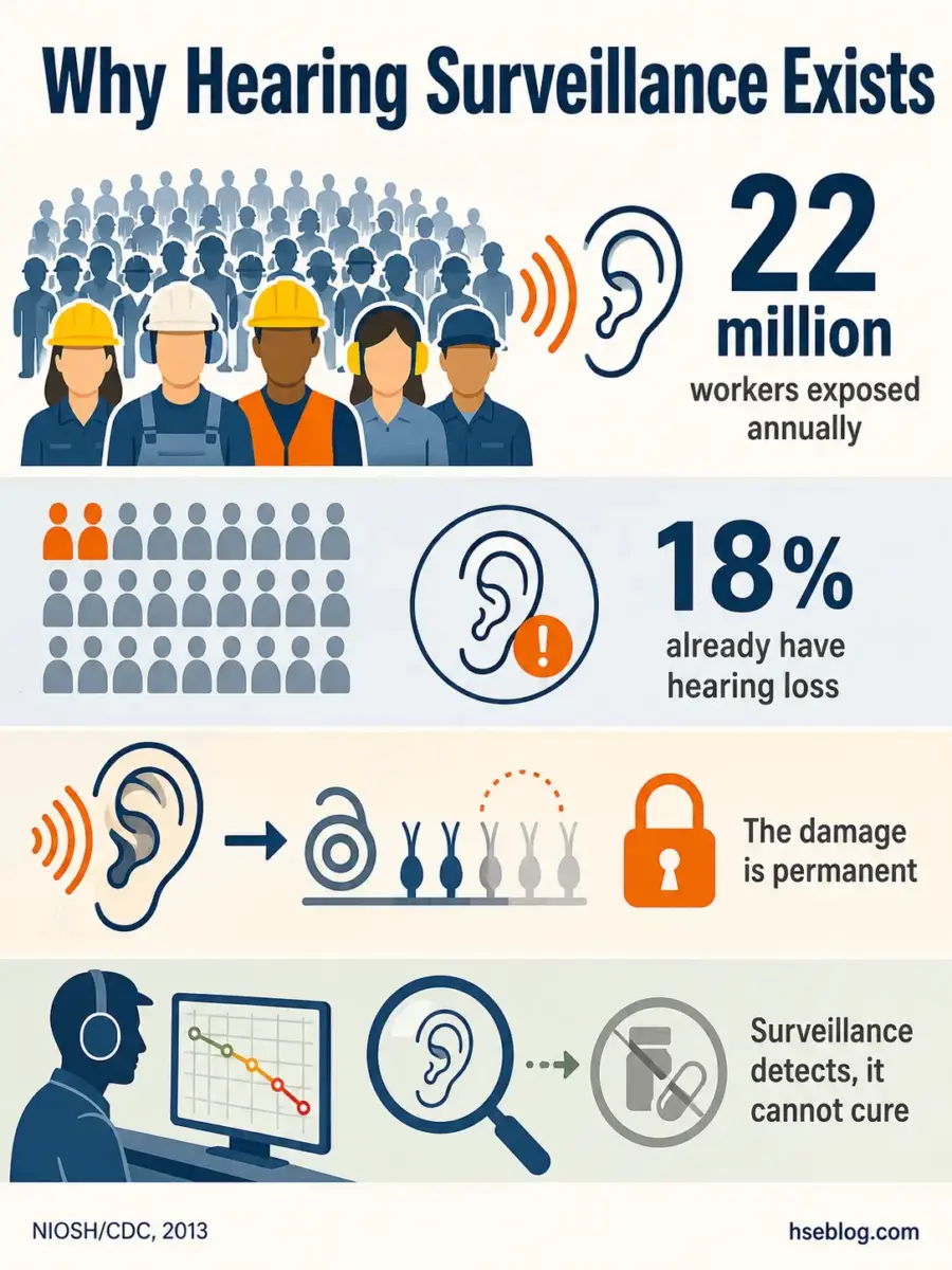 Infographic explaining why hearing surveillance programs exist in workplaces, showing 22 million workers are annually exposed to noise, 18% already have hearing loss, and that hearing damage is permanent and cannot be cured.