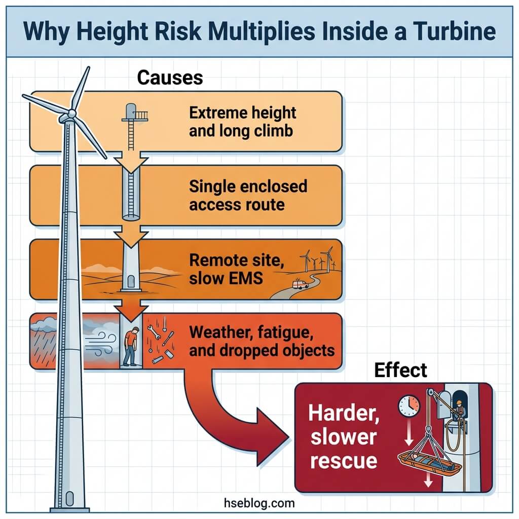 Infographic showing four causes of increased rescue difficulty at wind turbine heights: extreme height and long climbs, single enclosed access route, remote sites with slow emergency response, and weather hazards, all leading to harder and slower rescue operations.