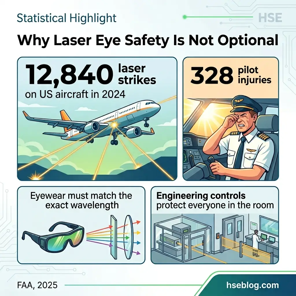 Statistical infographic showing laser eye safety importance with data on 12,840 laser strikes on US aircraft in 2024, 328 pilot injuries, protective eyewear requirements, and engineering control measures in laboratory settings.
