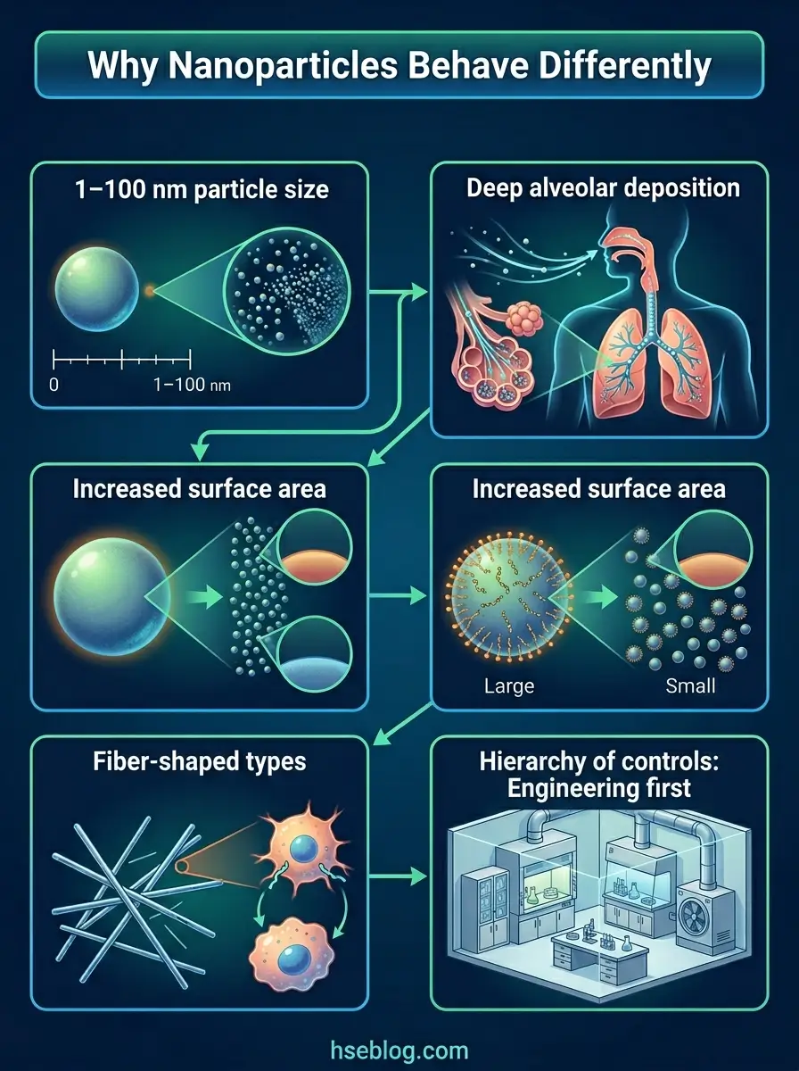 Infographic explaining why nanoparticles behave differently, showing their small size, increased surface area, deep alveolar deposition in lungs, fiber-shaped types, and engineering controls in laboratory settings.