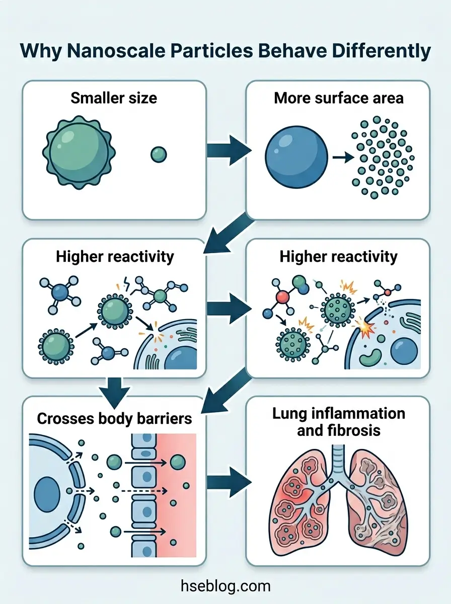 Infographic showing how nanoscale particles' smaller size and increased surface area lead to higher reactivity, enabling them to cross body barriers and cause lung inflammation and fibrosis.