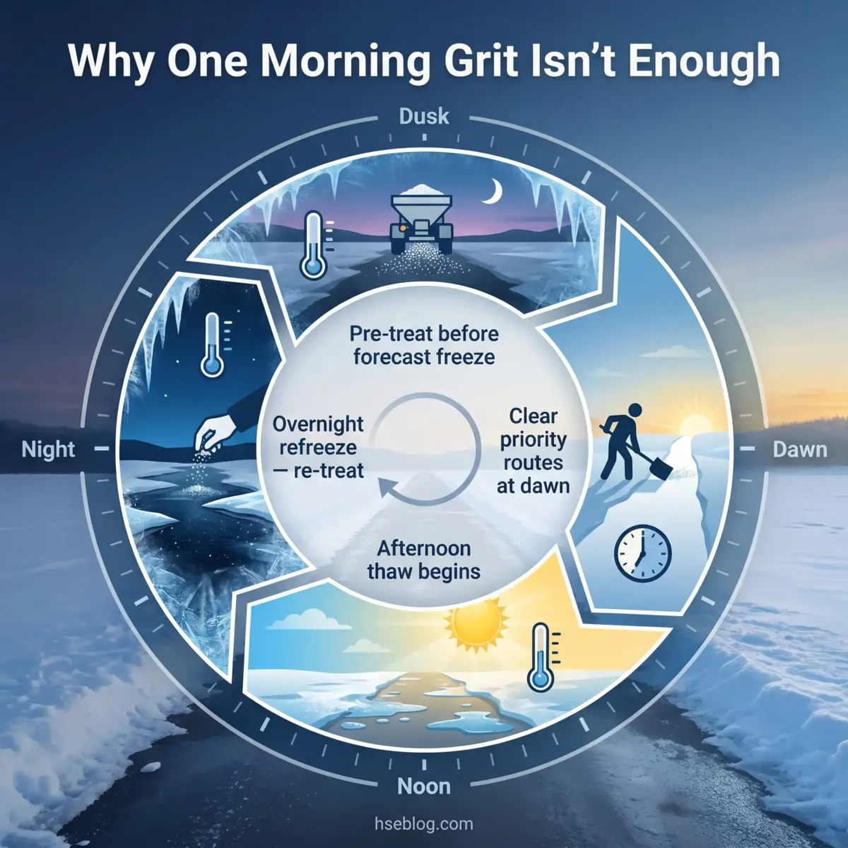 Circular diagram showing a 24-hour cycle of winter road maintenance tasks from dawn to dusk, including pre-treating, clearing priority routes, and addressing overnight freezing and afternoon thawing.