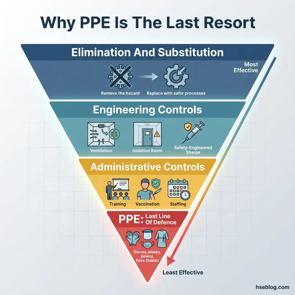 Hierarchical pyramid diagram showing the hierarchy of safety controls, from most to least effective: elimination and substitution at top, engineering controls, administrative controls, and PPE at bottom as the last line of defense.