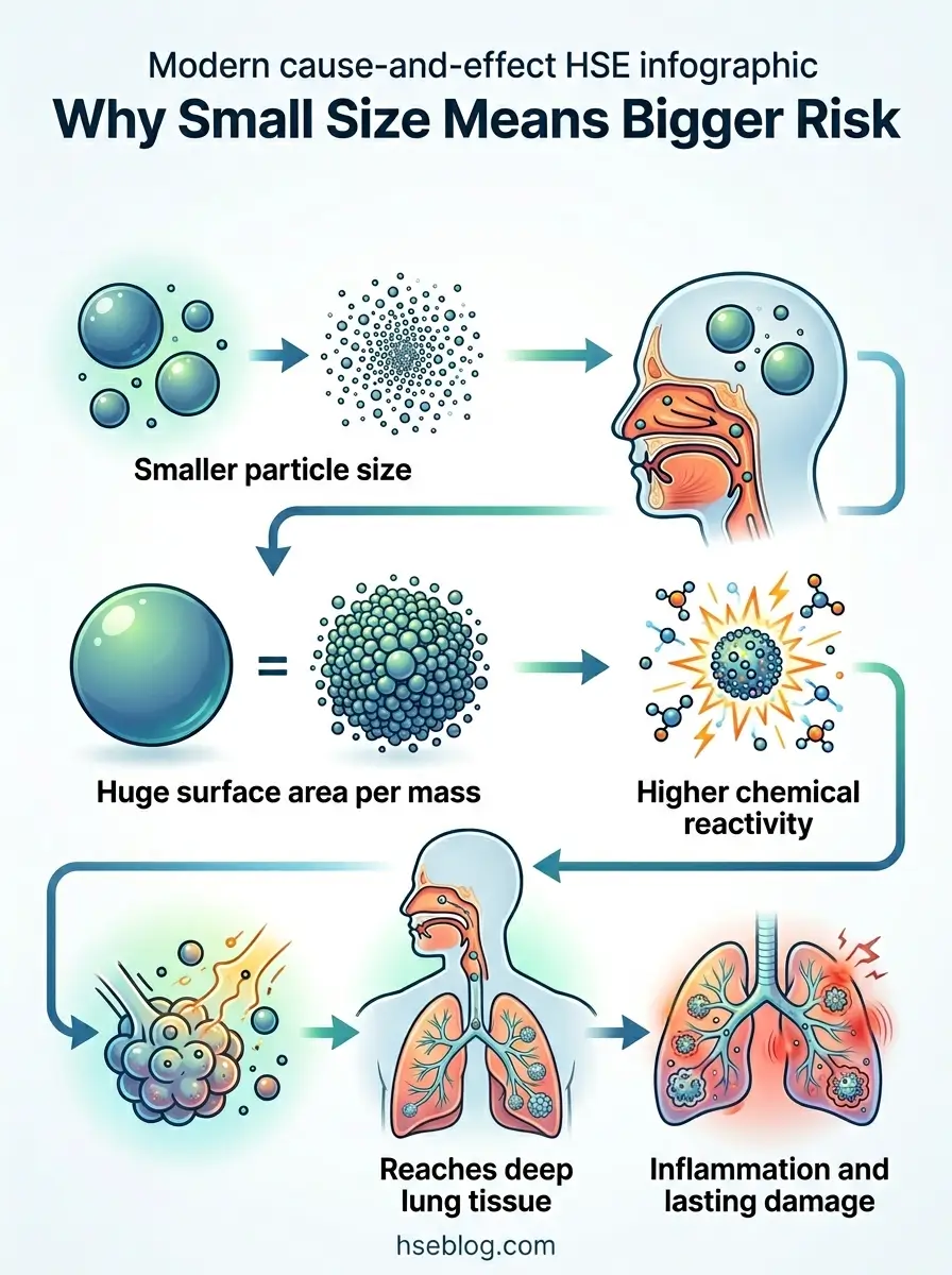 Infographic showing how smaller particle size increases health risks through higher surface area, chemical reactivity, and deep lung penetration leading to inflammation and tissue damage.