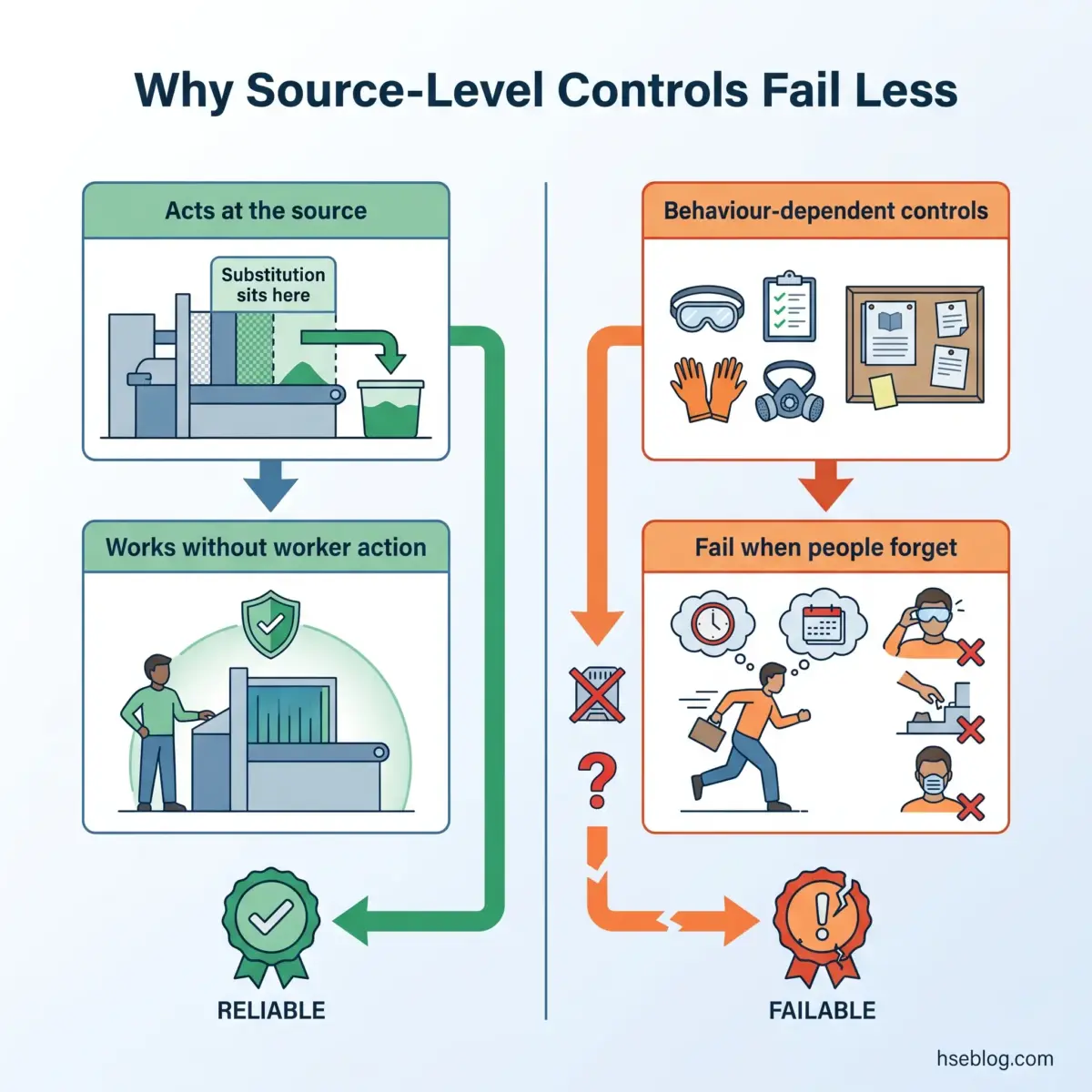 Comparison diagram showing why source-level controls are more reliable than behavior-dependent controls, illustrating engineering hierarchy of controls for workplace safety and hazard prevention.