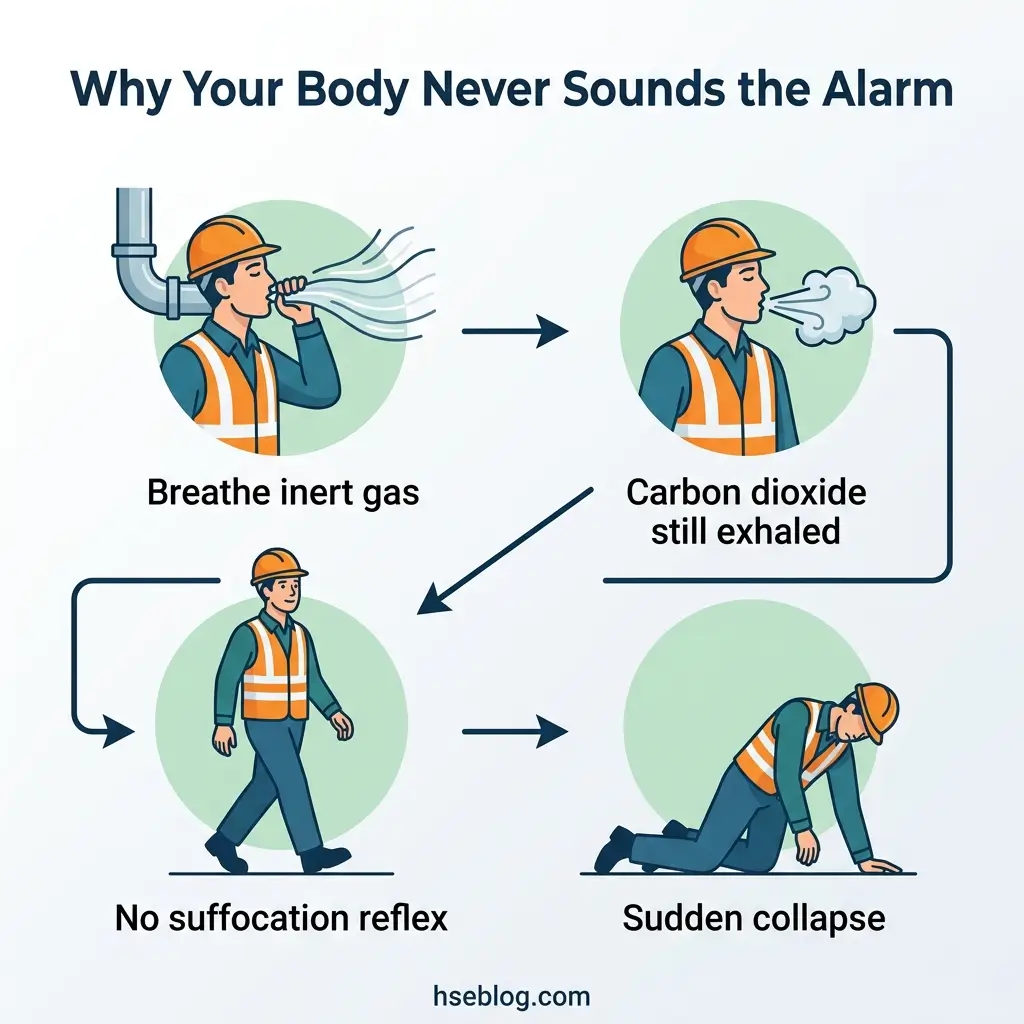 Infographic showing four steps of how inert gas inhalation affects the body: breathing inert gas, exhaling carbon dioxide, experiencing no suffocation reflex, and sudden collapse.