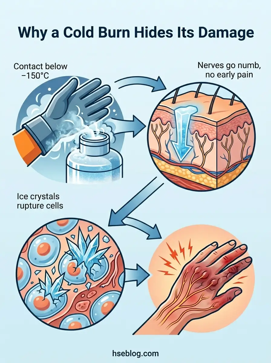 Infographic showing how cold burns damage skin tissue: extreme cold numbs nerves preventing pain sensation, ice crystals rupture cells, and delayed inflammatory response causes tissue injury and pain upon rewarming.