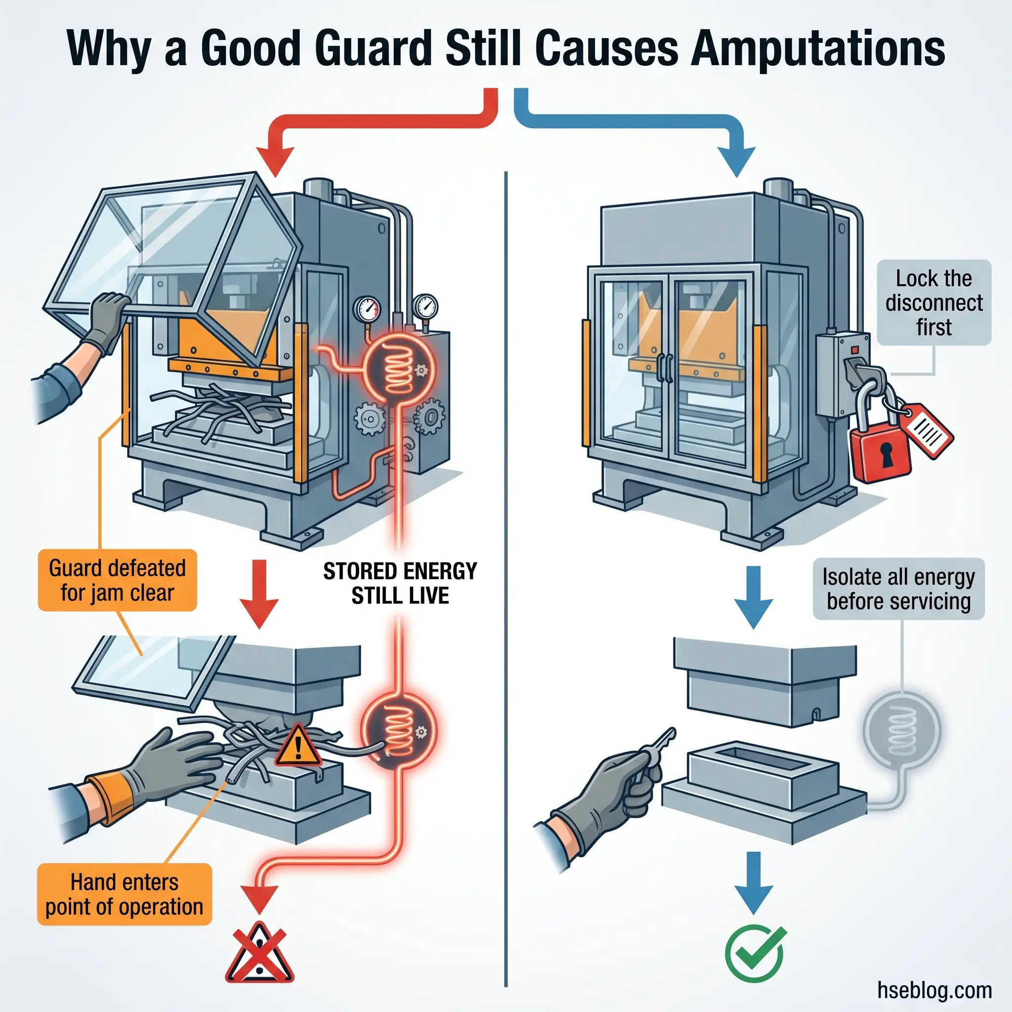 Safety infographic comparing unsafe machine guarding practices on the left with proper lockout procedures on the right, showing how stored energy in industrial equipment can cause serious injuries if proper safety protocols aren't followed.