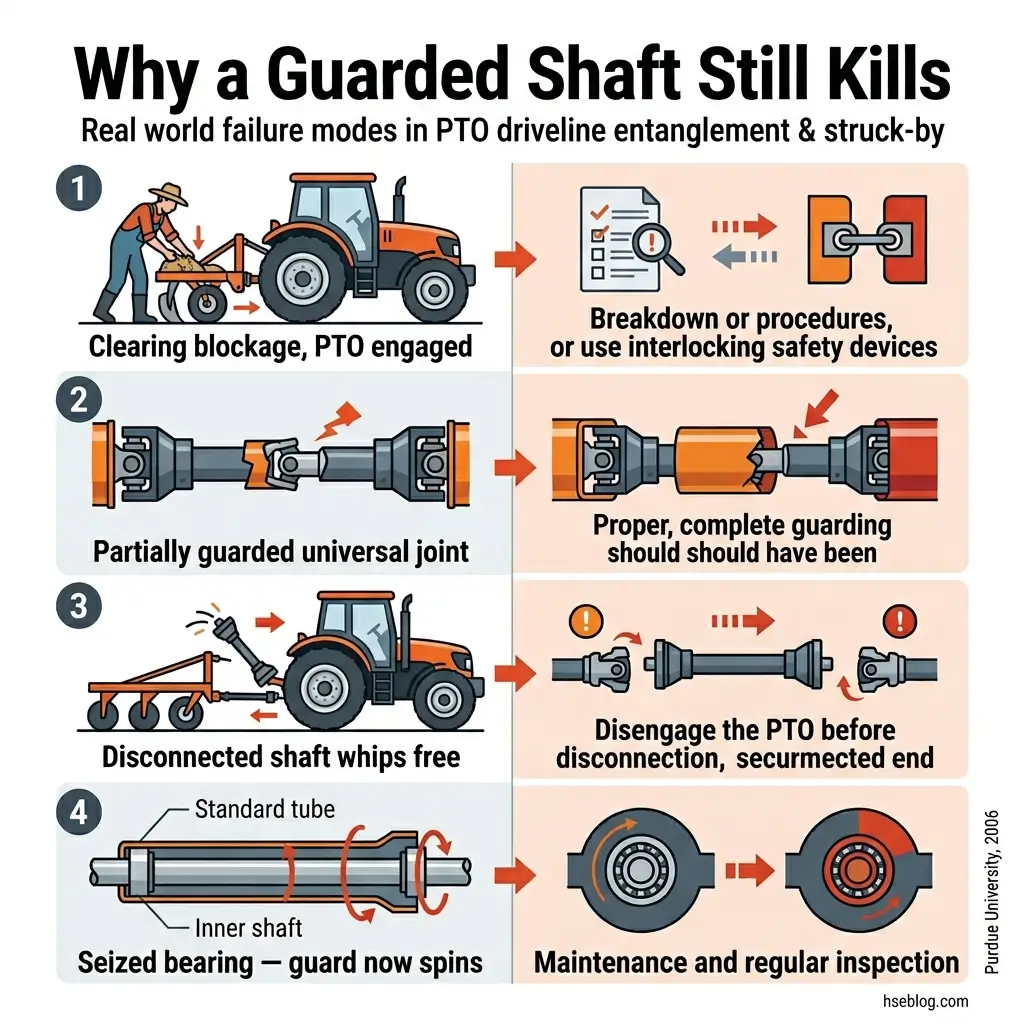 Infographic illustrating four real-world failure modes of guarded PTO shafts, showing hazards from blockage clearing, partial guarding, disconnected whips, and seized bearings with recommended safety solutions.