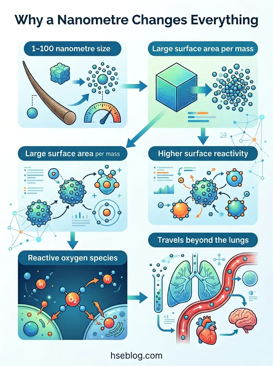 Infographic showing how nanometre-sized particles increase surface area and reactivity, leading to higher cellular uptake through lungs and circulation to vital organs like the heart and brain.