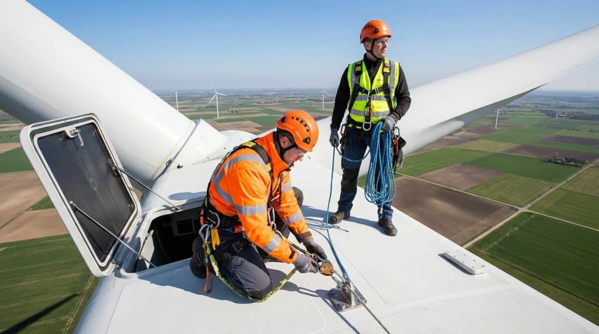 Two wind turbine maintenance workers secured with safety harnesses perform high-altitude work on a wind turbine blade, with agricultural fields and wind turbines visible far below.