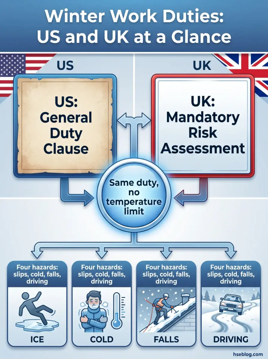 Comparison infographic showing US General Duty Clause and UK Mandatory Risk Assessment as equivalent winter work safety requirements, with four shared hazards: ice, cold, falls, and driving.