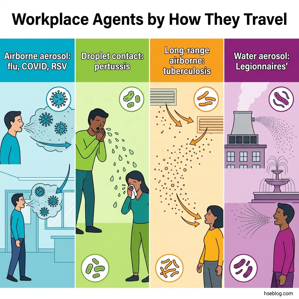 Infographic showing four transmission methods of workplace pathogens: airborne aerosol for flu and COVID, droplet contact for pertussis, long-range airborne for tuberculosis, and water aerosol for Legionnaires' disease, each illustrated with relevant scenarios and pathogen icons.