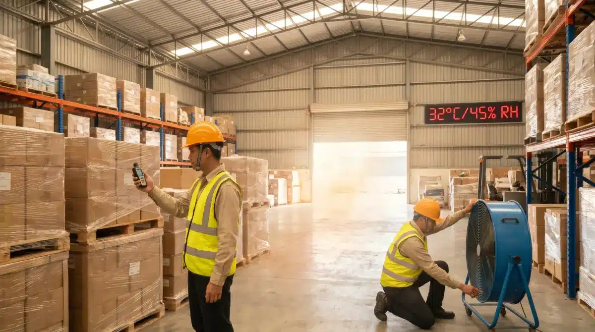 Two warehouse workers in safety vests and hard hats monitor temperature and humidity levels while managing inventory of packaged boxes on pallets in an industrial storage facility.