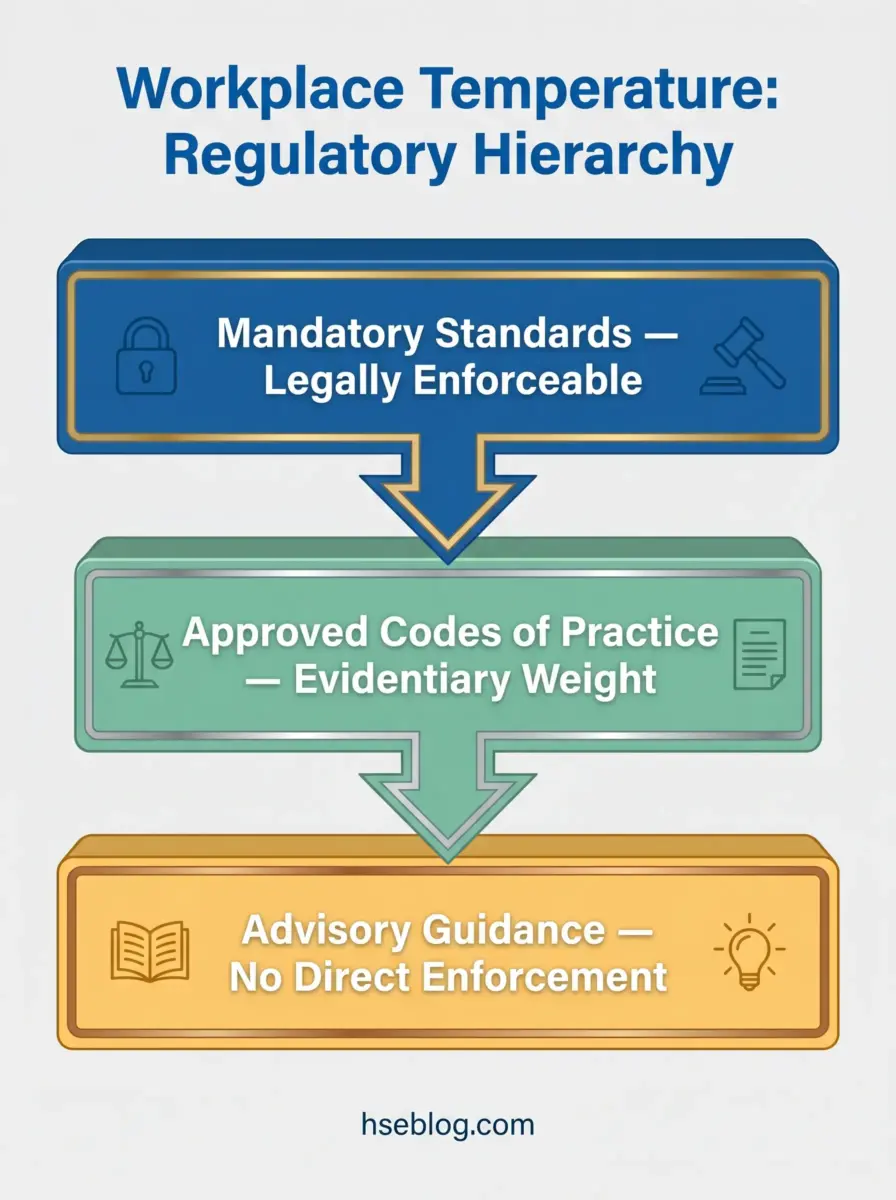 Hierarchical diagram showing three levels of workplace temperature regulations, from mandatory enforceable standards at top, approved codes of practice in middle, to advisory guidance with no enforcement at bottom.