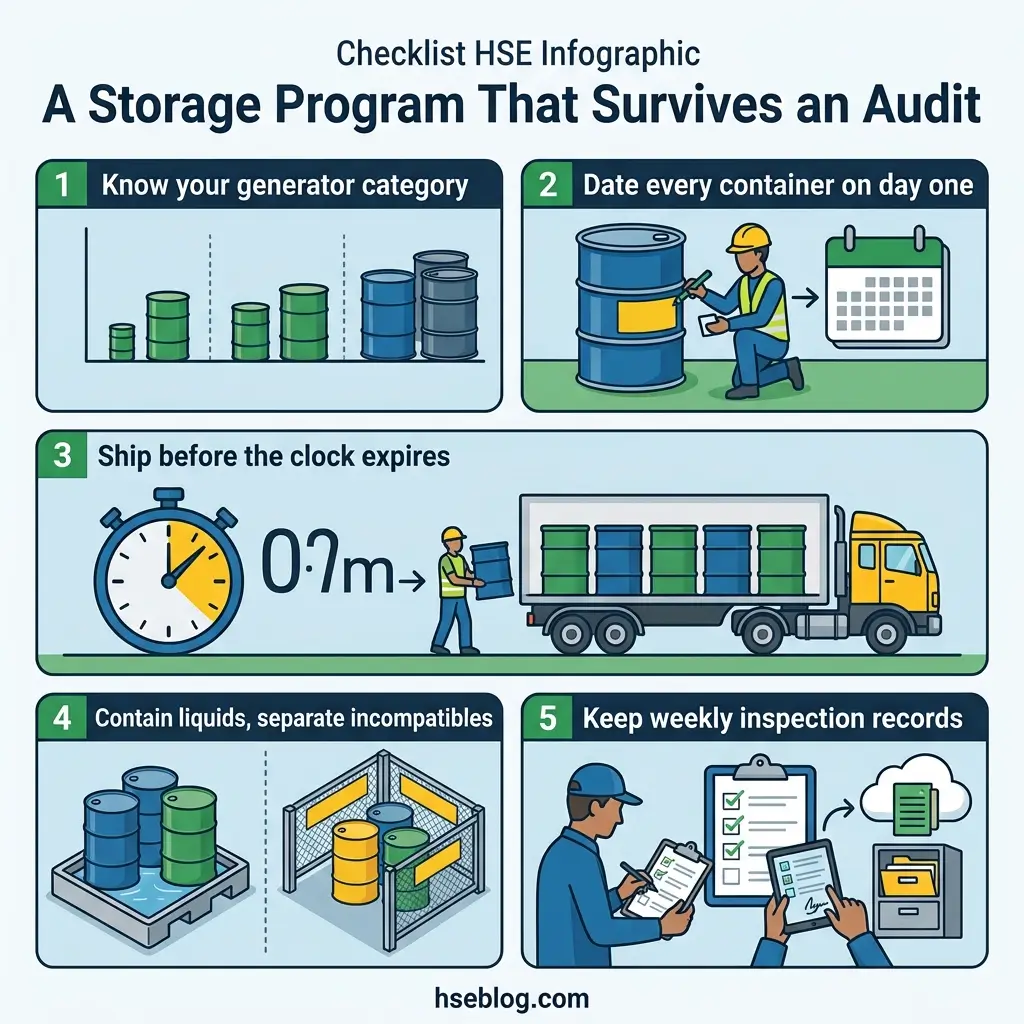 Infographic showing five steps for maintaining a compliant hazardous waste storage program: identifying generator categories, dating containers, shipping before expiration, segregating incompatible liquids, and keeping weekly inspection records.