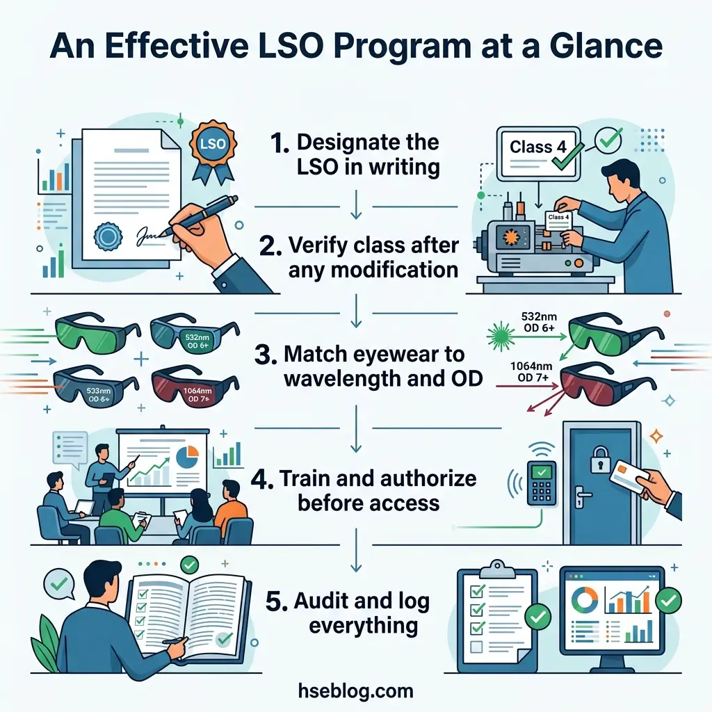 Infographic showing five sequential steps for implementing an effective LSO program: designating the LSO in writing, verifying class after modifications, matching eyewear to wavelength and optical density, training and authorizing users, and auditing and logging access.