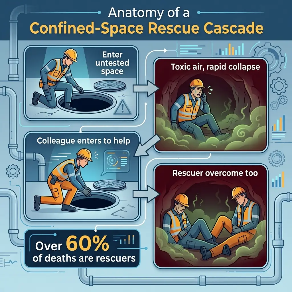 Infographic illustrating the cascade of events in confined-space rescue incidents, showing how one worker entering toxic air leads to additional rescuers becoming overcome, with statistics noting over 60% of deaths are rescuers.