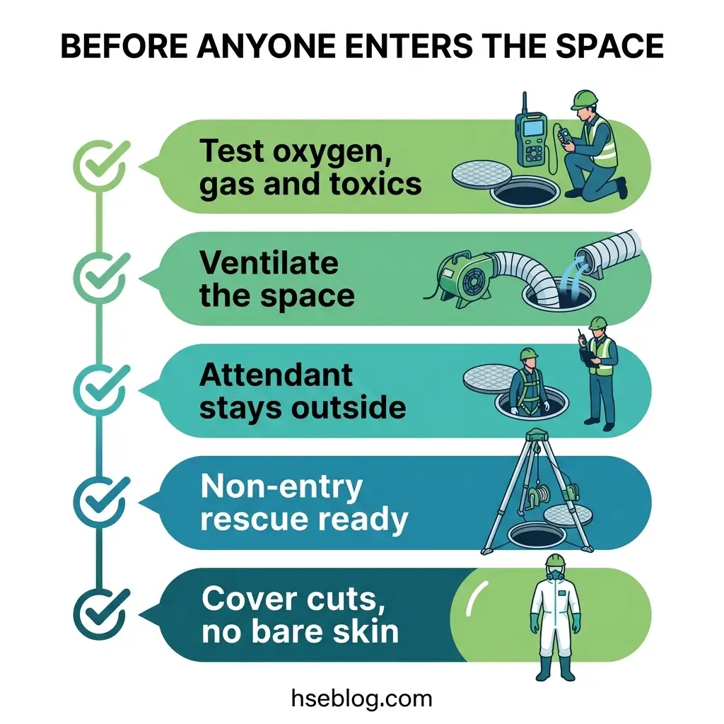 Infographic showing five safety steps before entering a confined space: test oxygen and gases, ventilate the space, keep attendant outside, prepare non-entry rescue, and cover any cuts with protective clothing.