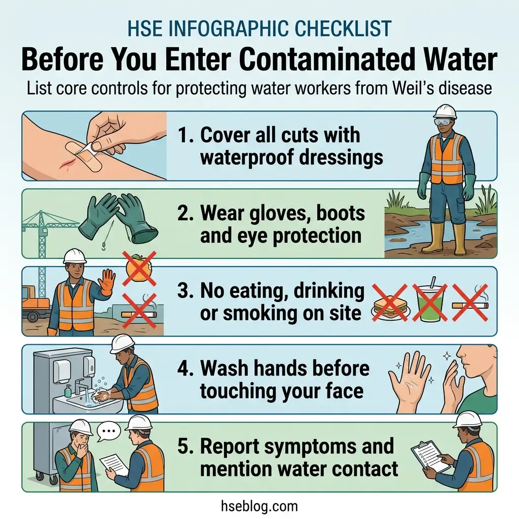 Infographic showing five core safety controls for water workers exposed to contaminated water and Weil's disease prevention, including wound coverage, protective equipment, hygiene practices, and reporting procedures.