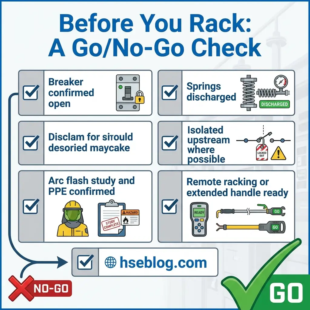 Infographic showing six safety checklist items to complete before racking equipment, including breaker confirmation, spring discharge, disclaimers, isolation, arc flash study, and remote racking readiness.