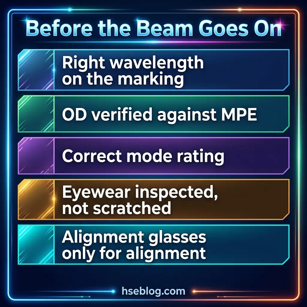 Neon-bordered checklist titled "Before the Beam Goes On" listing five laser safety preparation steps: wavelength verification, optical density testing, mode rating confirmation, eyewear inspection, and alignment glasses usage.