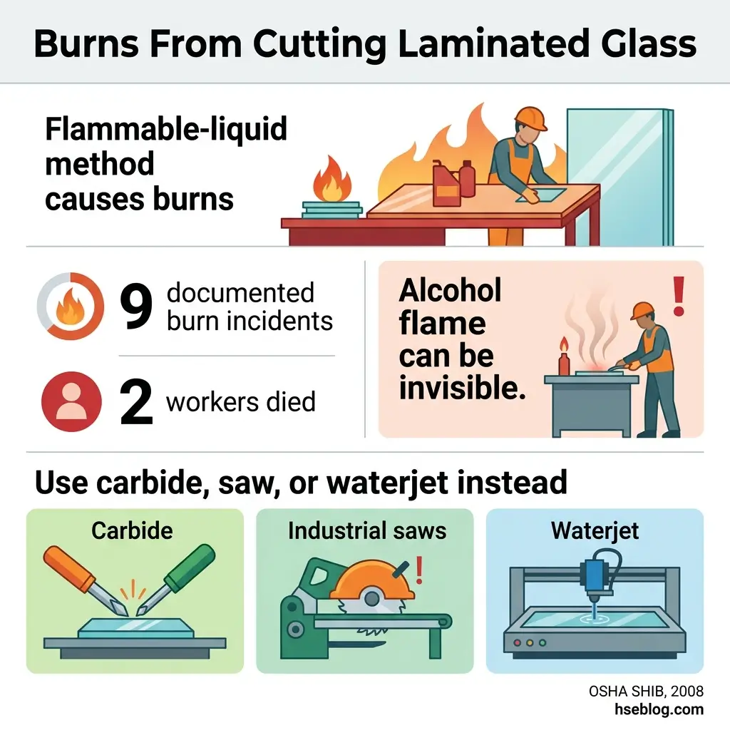Infographic showing hazards of cutting laminated glass with flammable liquids, documenting 9 burn incidents and 2 worker deaths, recommending safer alternatives like carbide tools, industrial saws, or waterjet cutting methods.