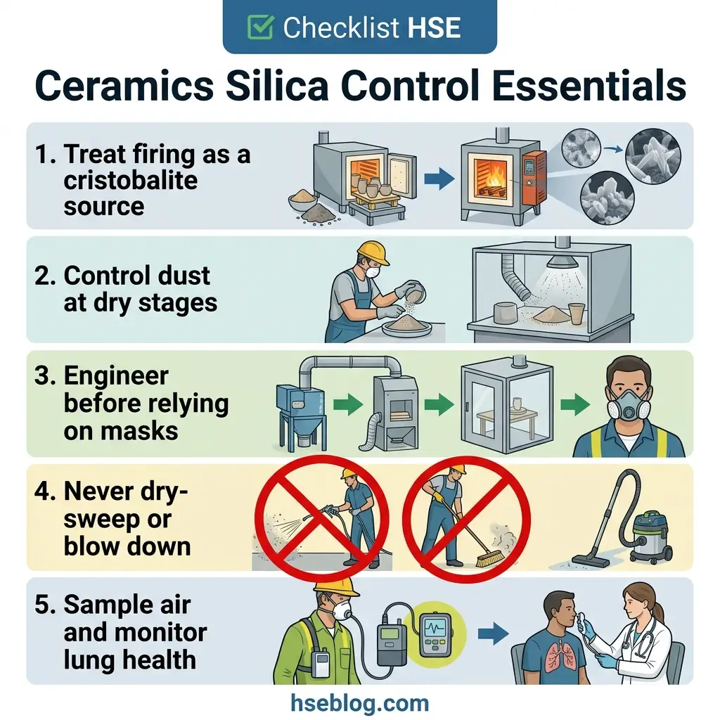 Infographic showing five essential guidelines for controlling silica dust in ceramic manufacturing, including kiln firing management, dust control at dry stages, engineering controls, safe cleaning methods, and air monitoring with health checks.