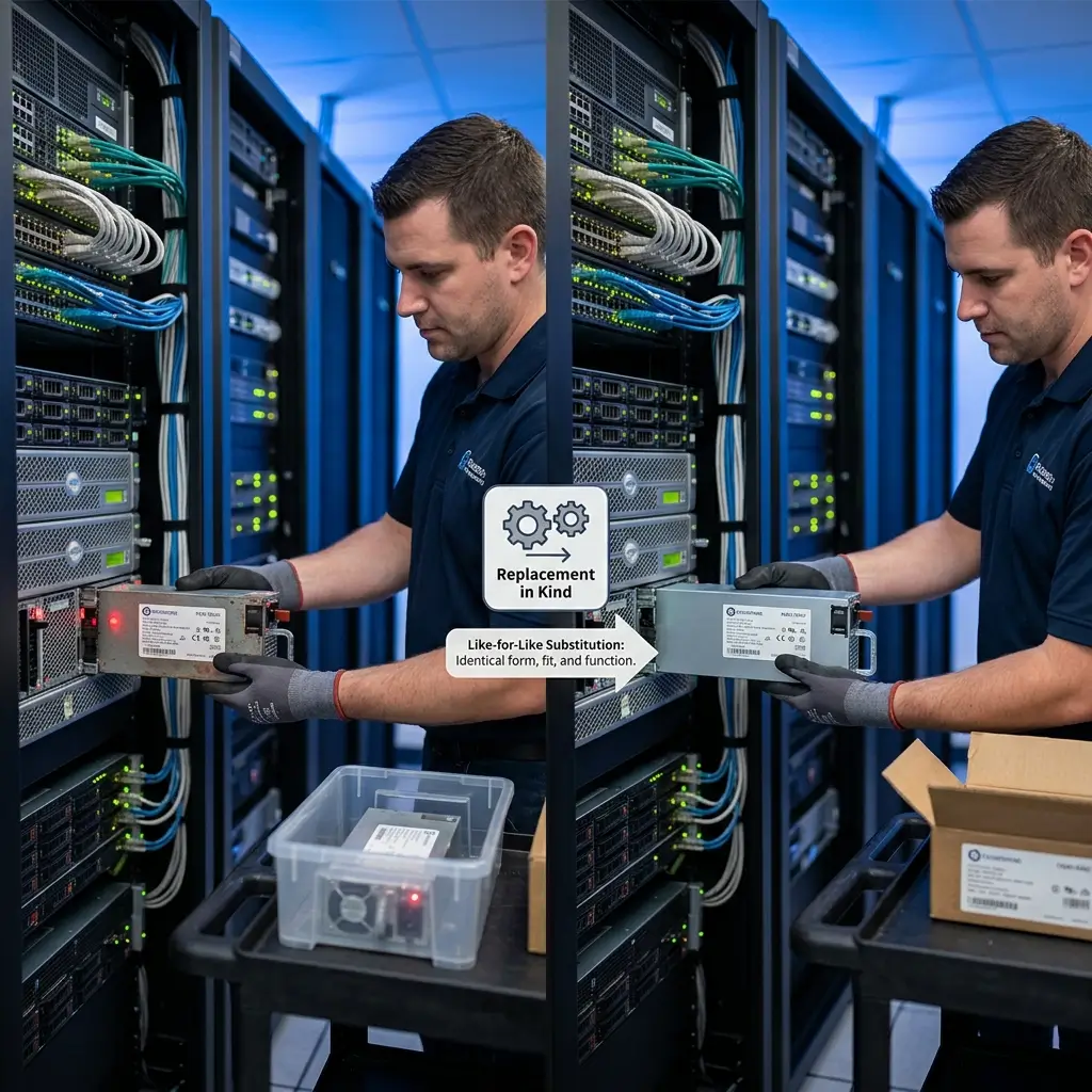 Technician in server room replacing a power supply unit with an identical replacement, demonstrating like-for-like substitution in data center maintenance.