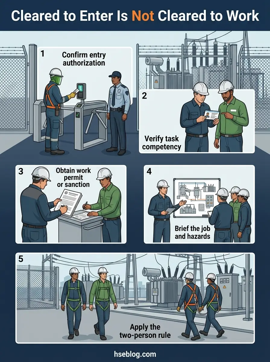 Infographic showing five steps for workplace safety clearance: confirming entry authorization, verifying task competency, obtaining work permits, briefing on job hazards, and applying the two-person rule.