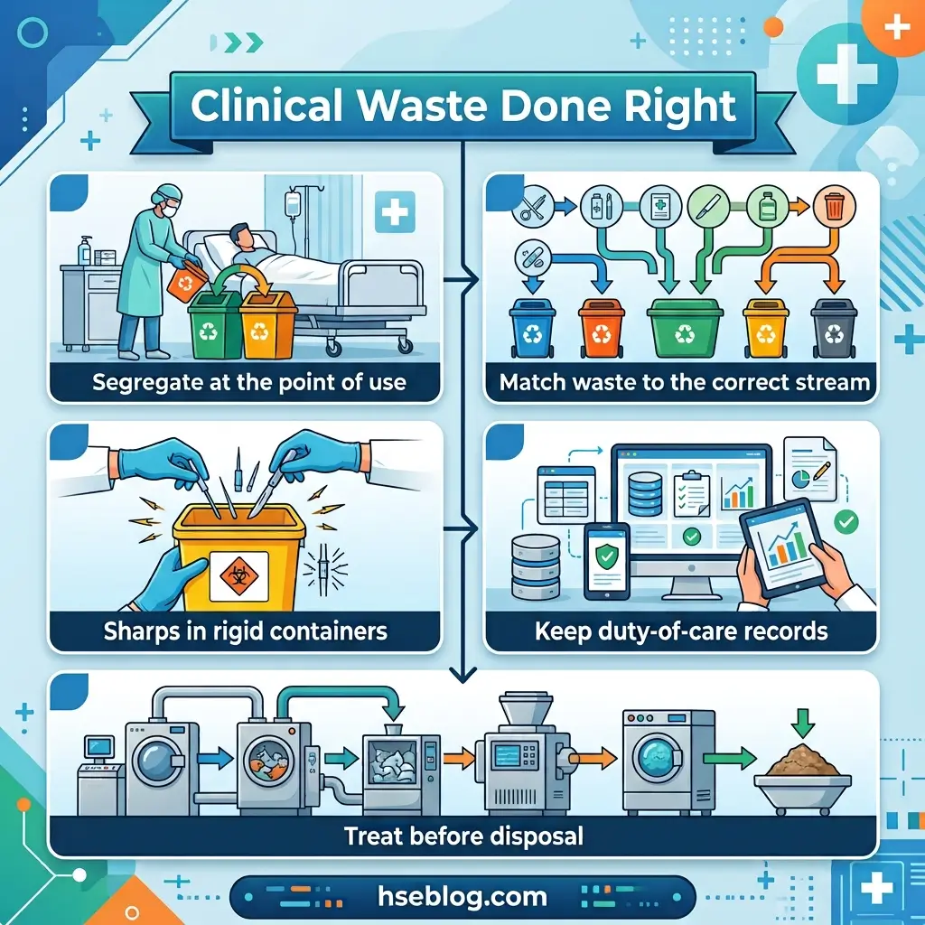 Infographic showing five best practices for proper clinical waste management: segregating waste at point of use, matching waste to correct disposal streams, using rigid containers for sharps, maintaining duty-of-care records, and treating waste before disposal.