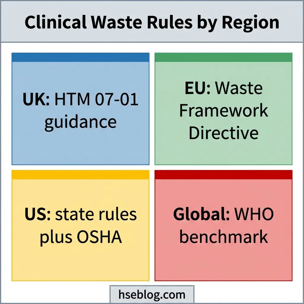 Four colored boxes displaying clinical waste rules by region: UK HTM 07-01 guidance in blue, EU Waste Framework Directive in green, US state rules plus OSHA in yellow, and Global WHO benchmark in red.