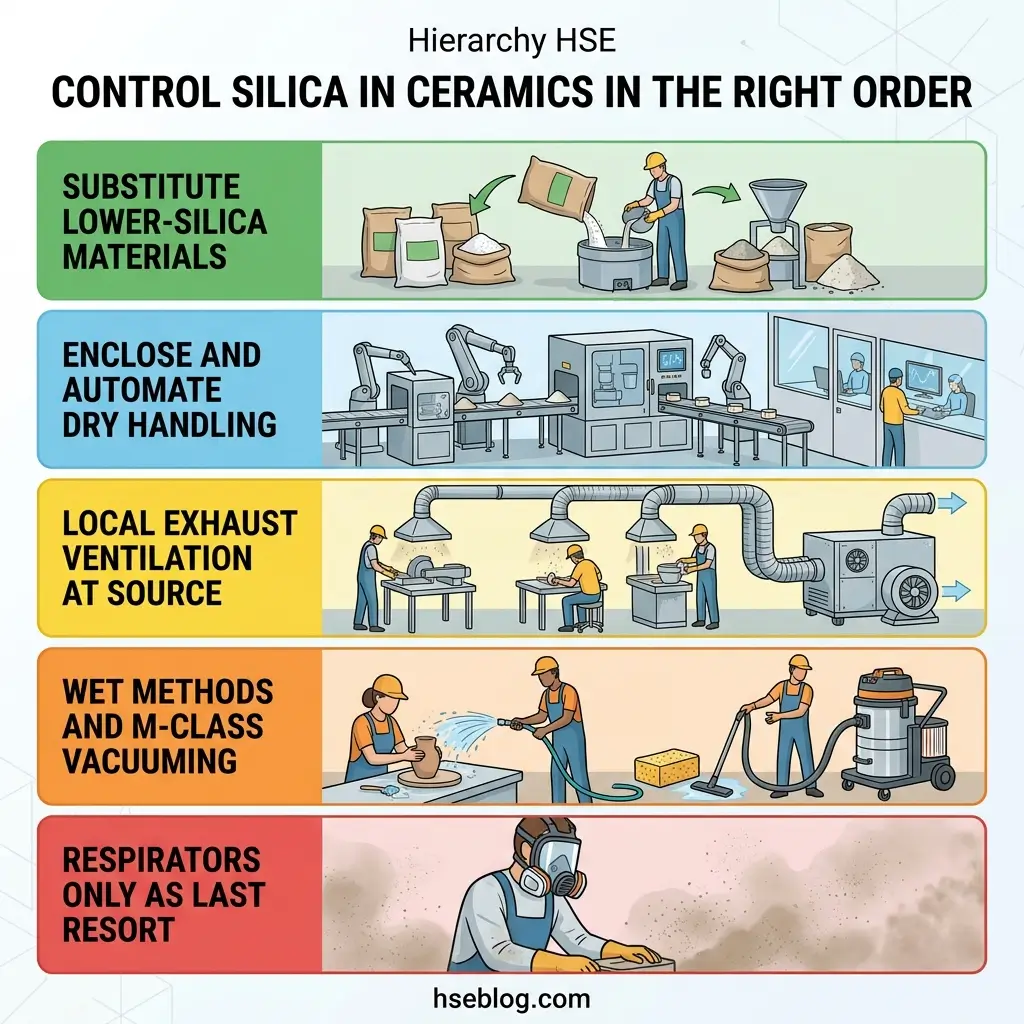 Infographic showing five essential silica dust control measures for ceramic firing operations, including cristobalite source treatment, dust control at dry stages, engineering controls before masks, prohibition of dry sweeping, and air sampling with lung health monitoring.