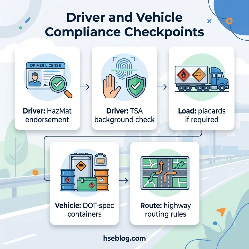 Infographic showing five key compliance checkpoints for hazardous materials transportation: driver HazMat endorsement, TSA background check, load placards, DOT-spec containers, and highway routing rules.