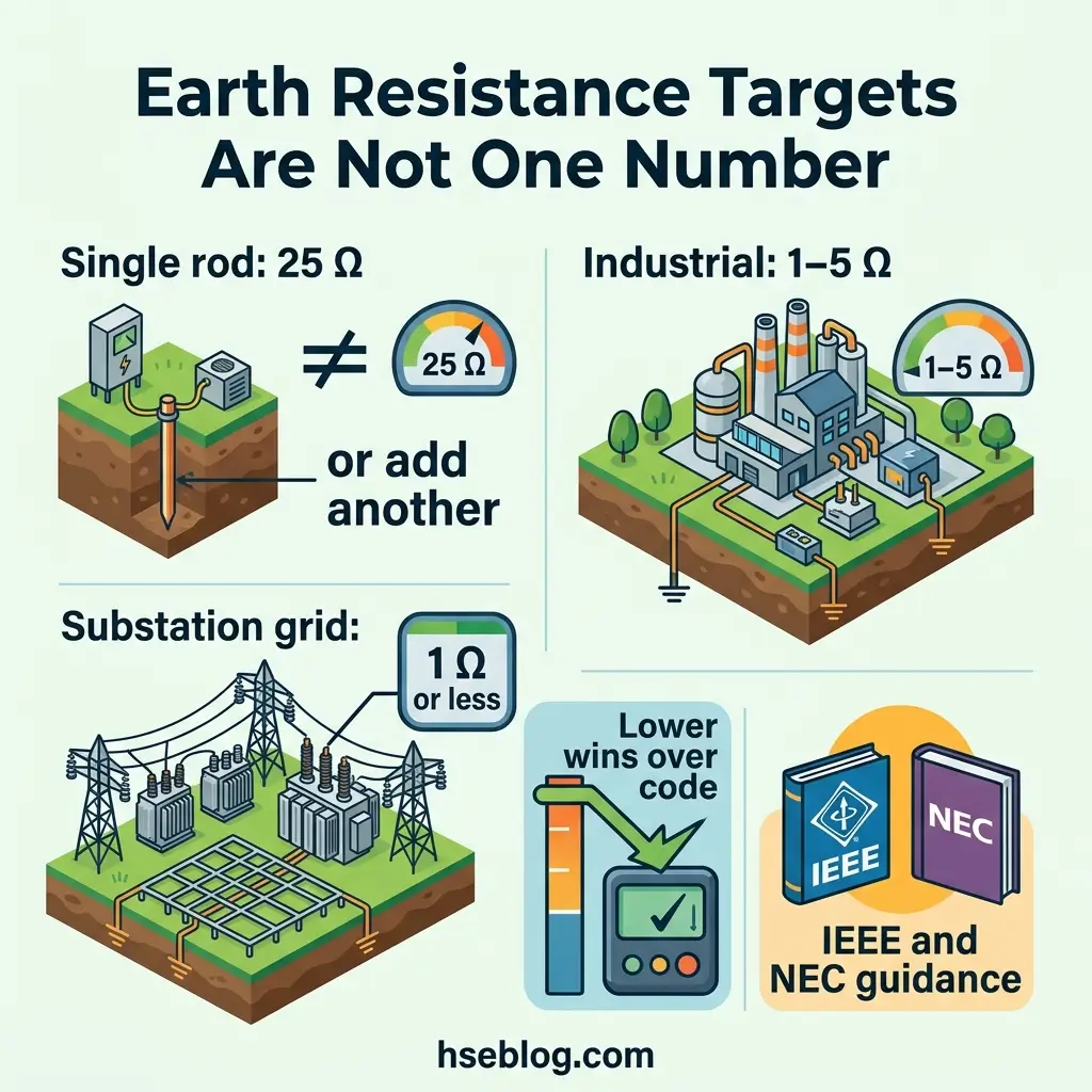 Infographic showing earth resistance targets vary by application: single rod 25 ohms, industrial 1-5 ohms, substation grid 1 ohm or less, with IEEE and NEC guidance determining which standard applies.