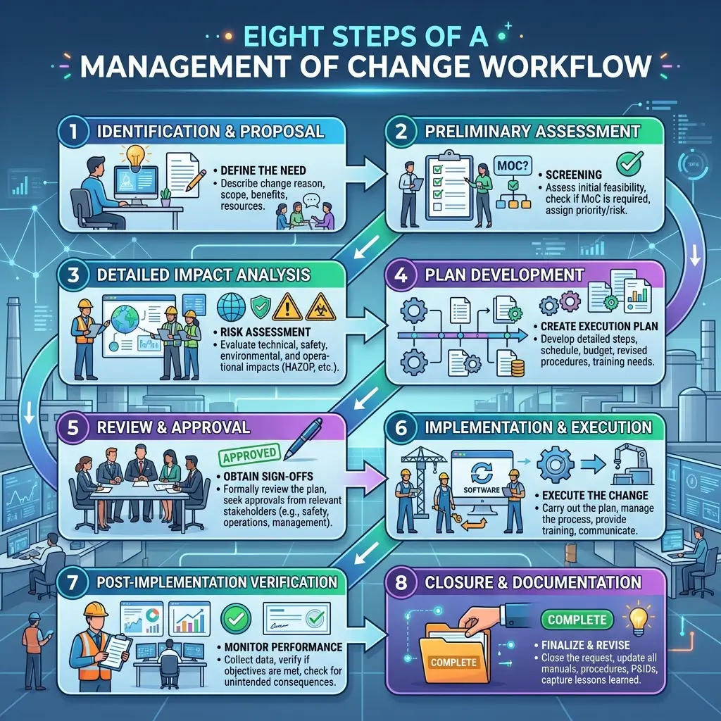 Infographic illustrating eight sequential steps of a change management workflow, from identifying needs through documentation, with icons and descriptions for each phase in a business process.
