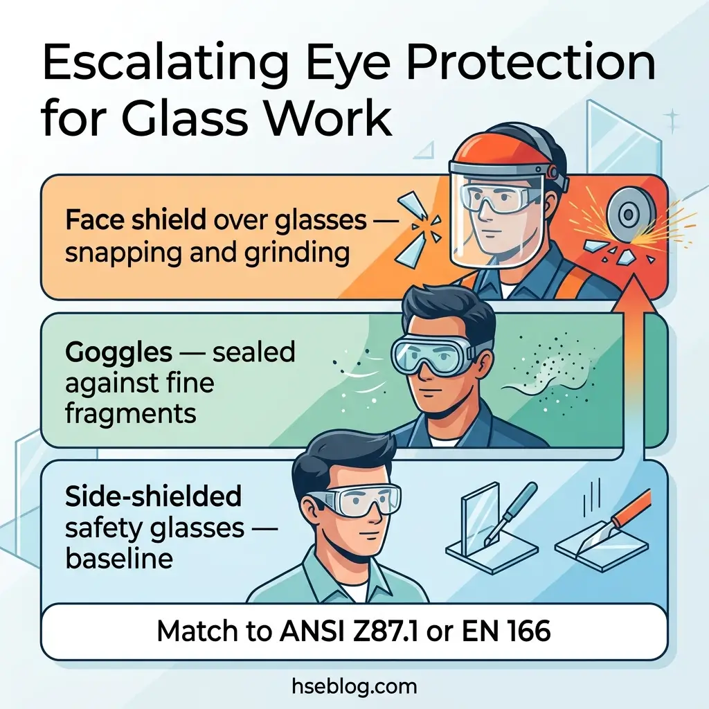 Infographic showing escalating levels of eye protection for glass work, from side-shielded safety glasses to face shields and goggles, with illustrated workers demonstrating each type and ANSI Z87.1 standards reference.